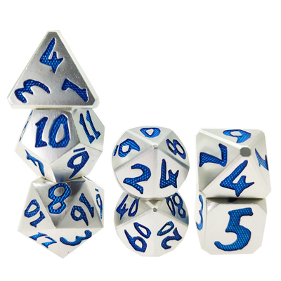 Juego de 7 piezas de lujo resistentes para dados poliédricos de verter a mano de mazmorra y dragón azul plateado para juego Rpg y Dnd