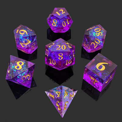 Los dados de resina púrpura 7PCS DND Dragón y mazmorra poliedro de filo afilado