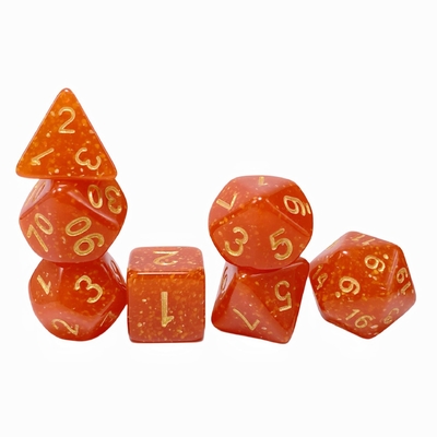 Oro brillante en polvo de resina naranja personaje jugando juego de mesa juego de dados dnd