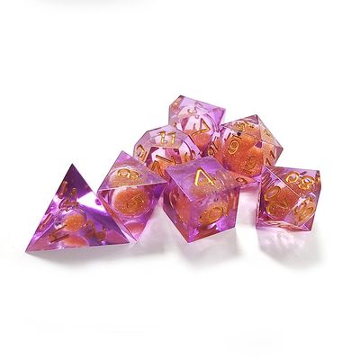Arenas fluidas naranjas moradas Resina de cristal poliédrica Conjunto de dados de juego de tabletas