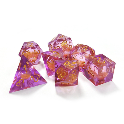 Arenas fluidas naranjas moradas Resina de cristal poliédrica Conjunto de dados de juego de tabletas