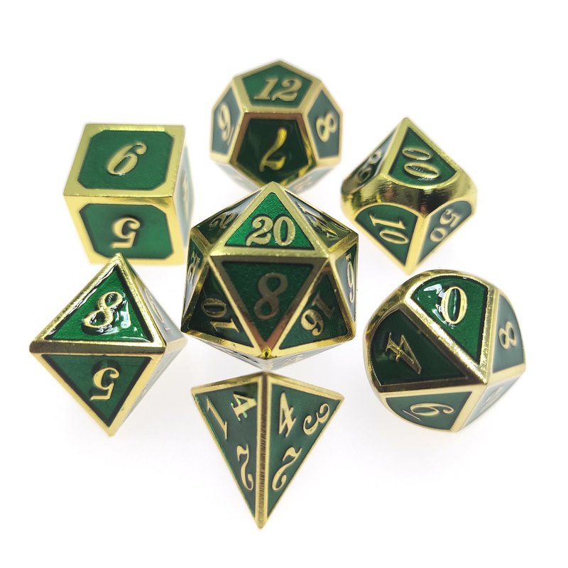Los dados de lujo del metal fijaron dados antiusuras del juego de 7 pedazos fijaron verde polihédrico de la cerda joven del desgaste