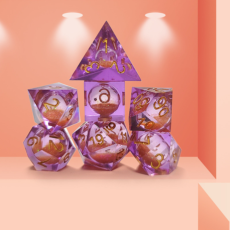 Arenas fluidas naranjas moradas Resina de cristal poliédrica Conjunto de dados de juego de tabletas